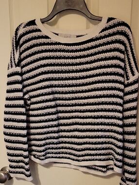 LOFT Black & White Striped Crochet-Style Sweatshirt